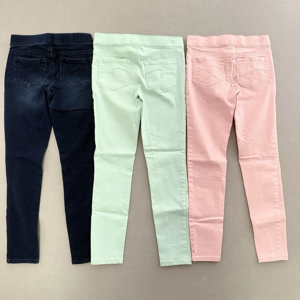 Justice Girls Ankle Jeggings Lot Of 3 MidRise Sz 10 Pull on Pant Denin Pink Mint